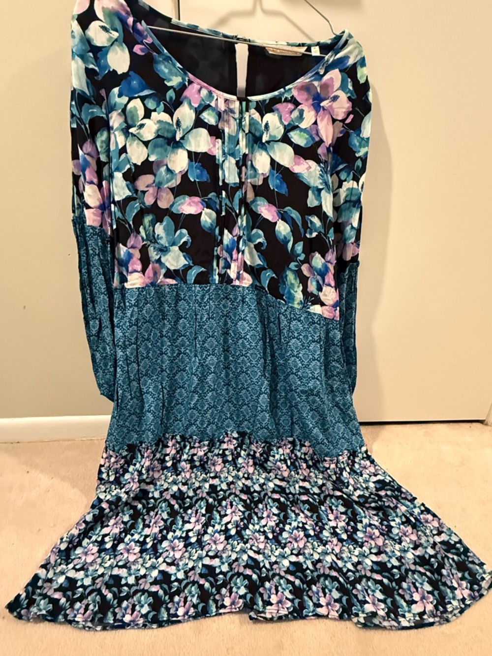 Soft Surroundings Black Floral Scoop Neck Dress with Teal & Purple Accents